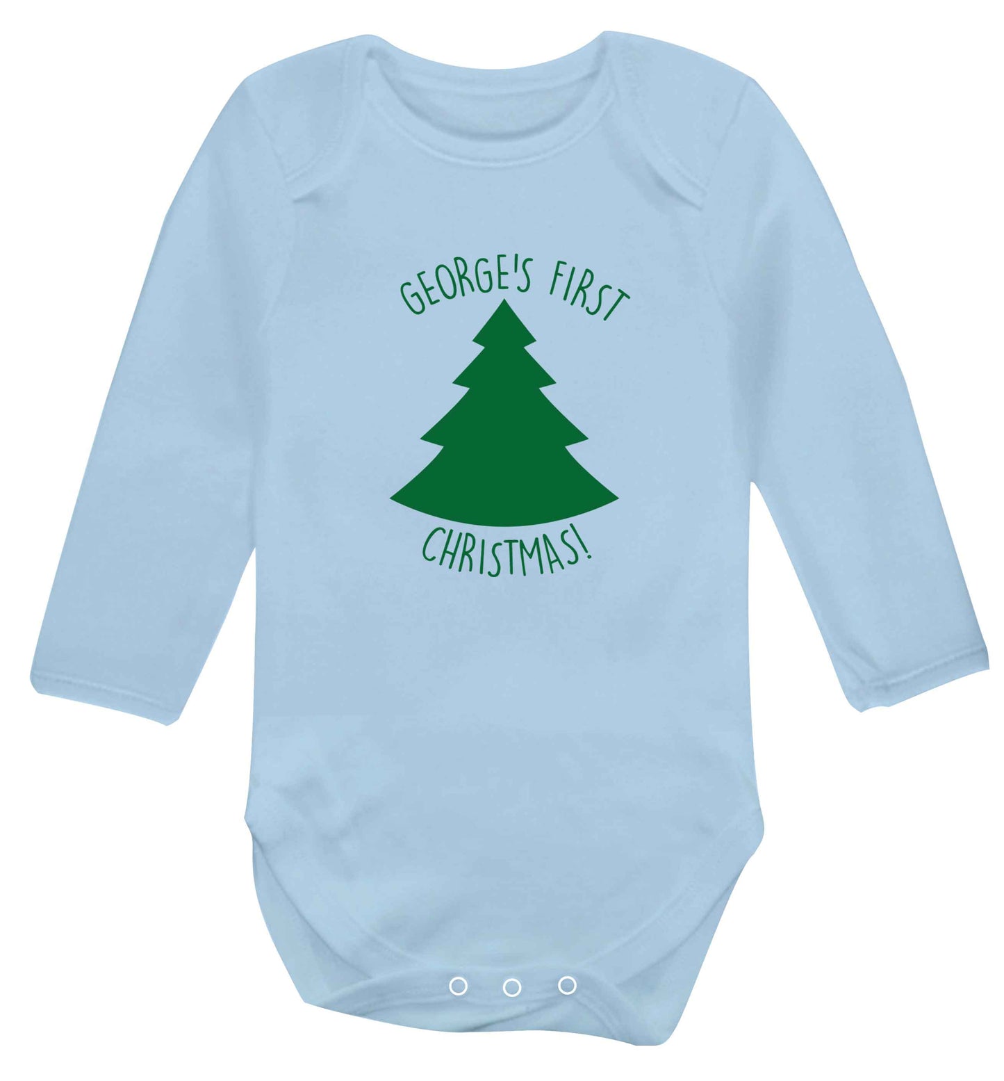 Personalised it's my first Christmas - tree baby vest long sleeved pale blue 6-12 months
