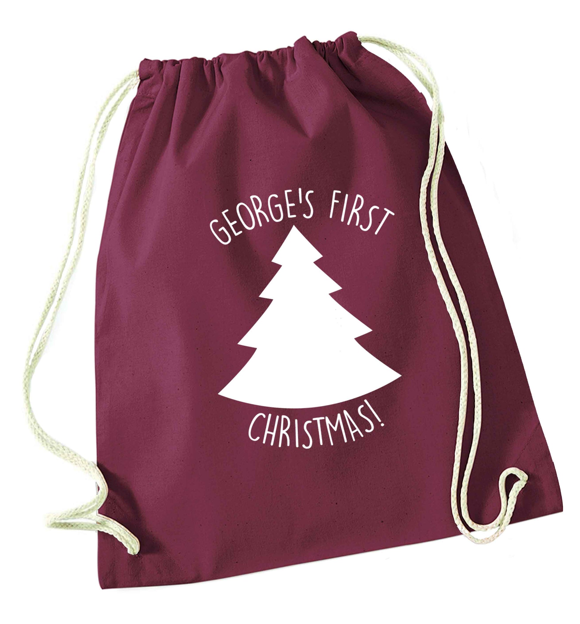 Personalised it's my first Christmas - tree maroon drawstring bag