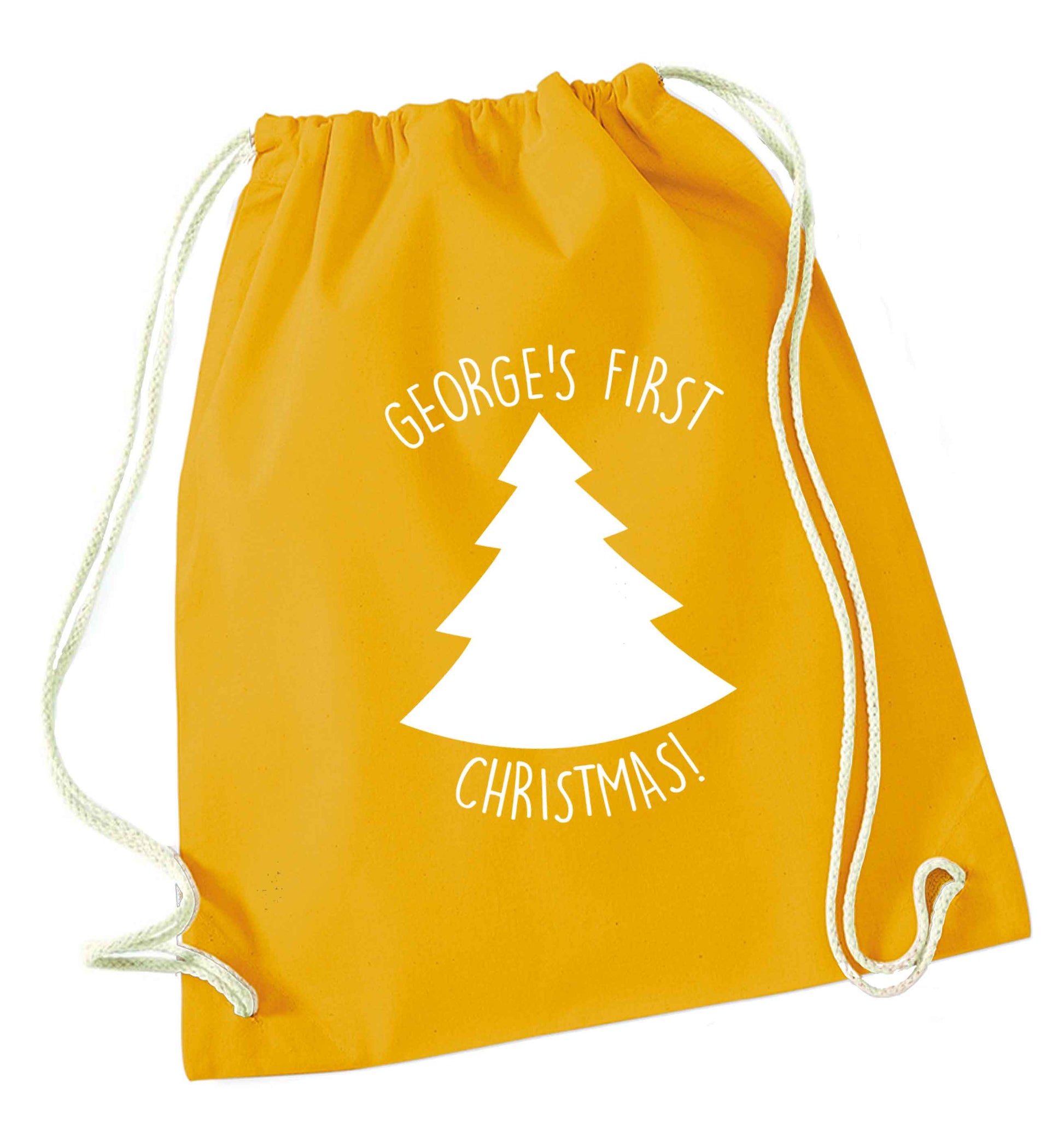 Personalised it's my first Christmas - tree mustard drawstring bag