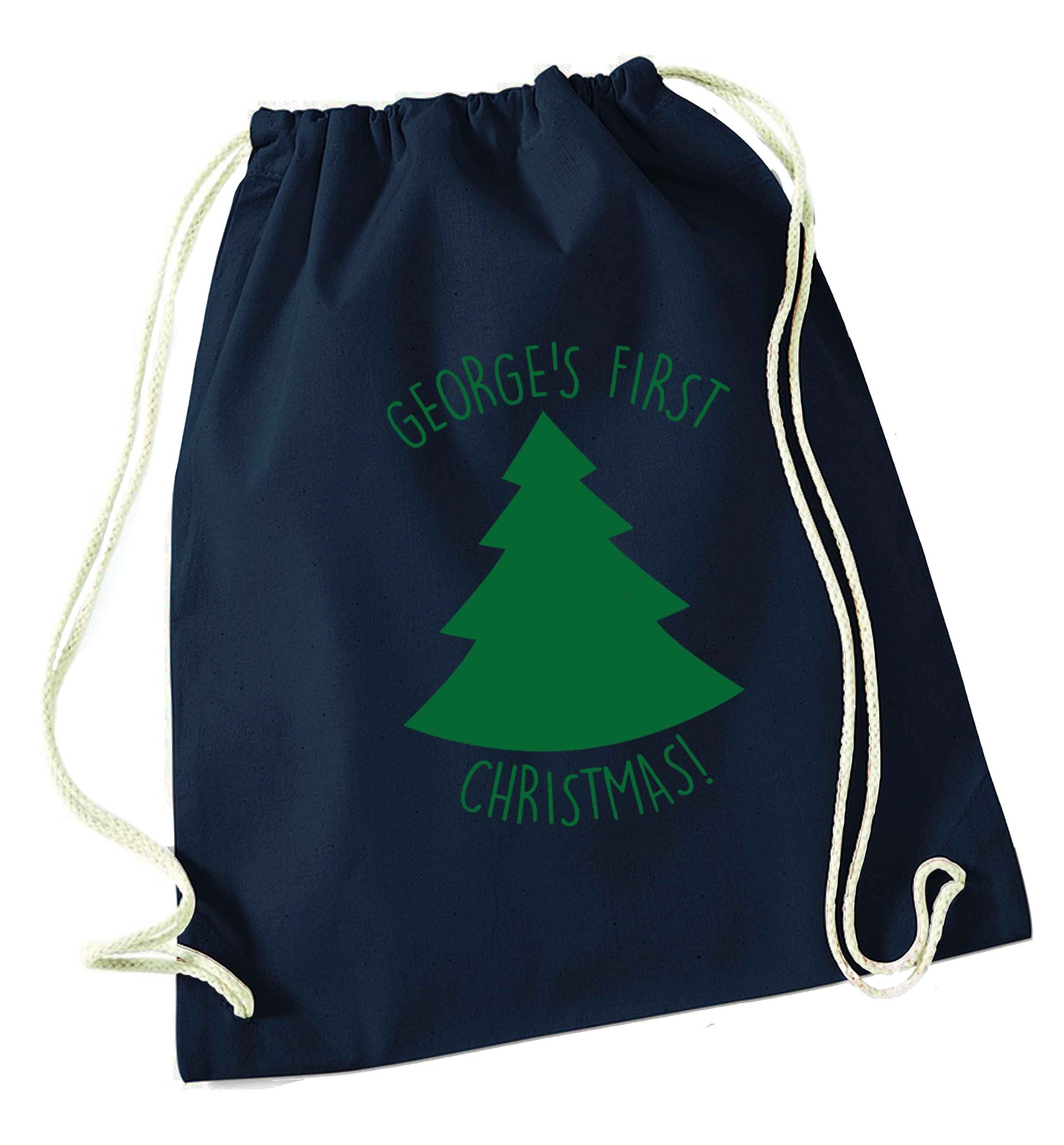 Personalised it's my first Christmas - tree navy drawstring bag