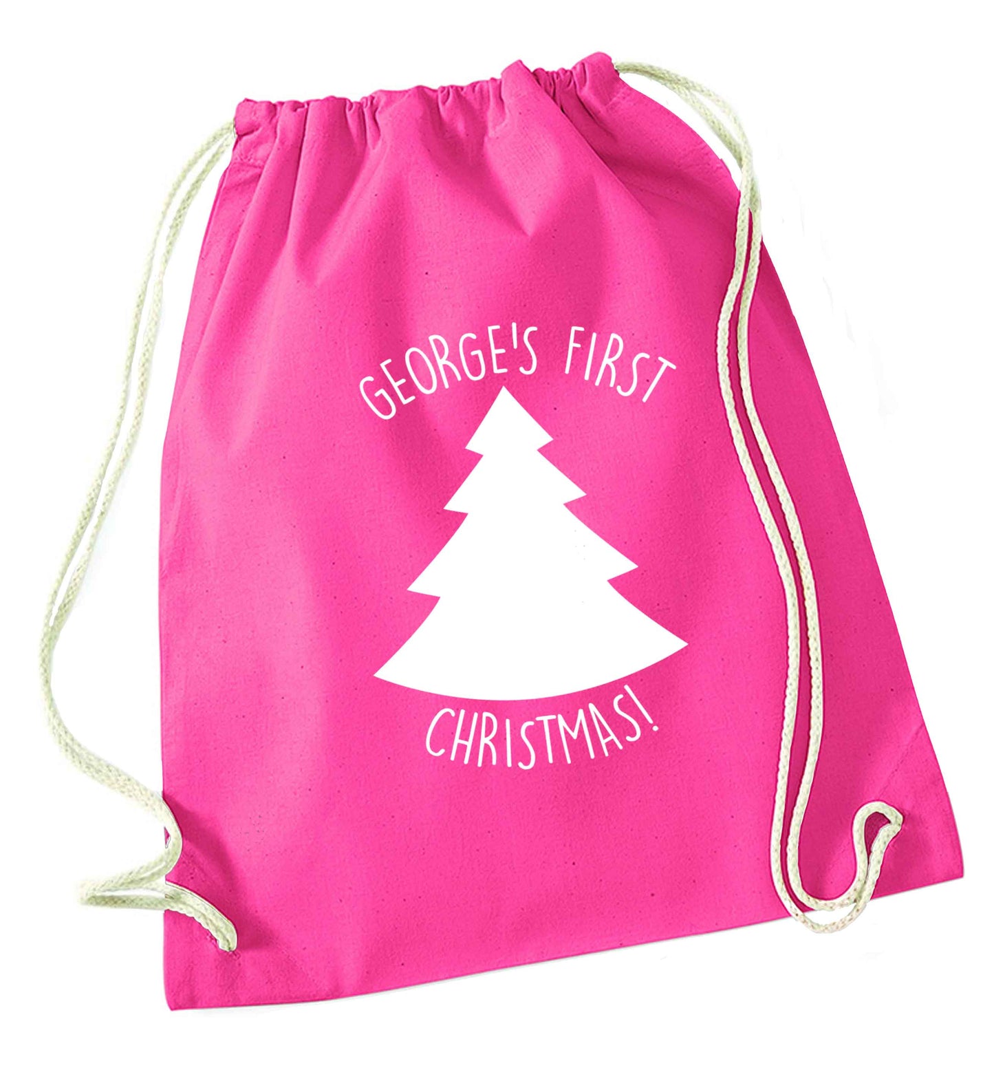 Personalised it's my first Christmas - tree pink drawstring bag