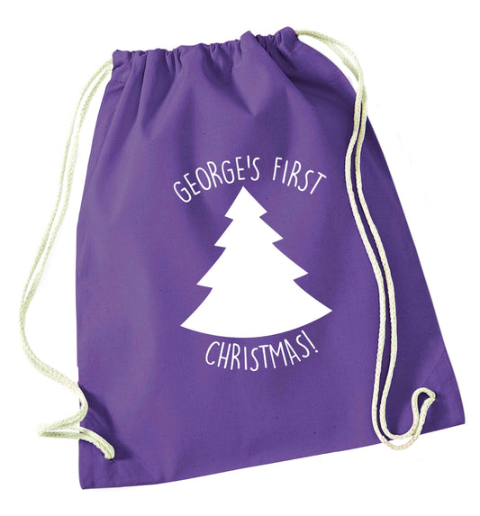 Personalised it's my first Christmas - tree purple drawstring bag