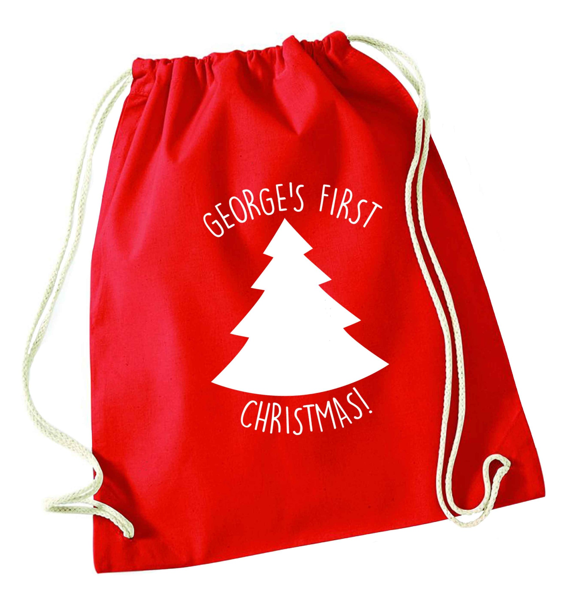 Personalised it's my first Christmas - tree red drawstring bag 