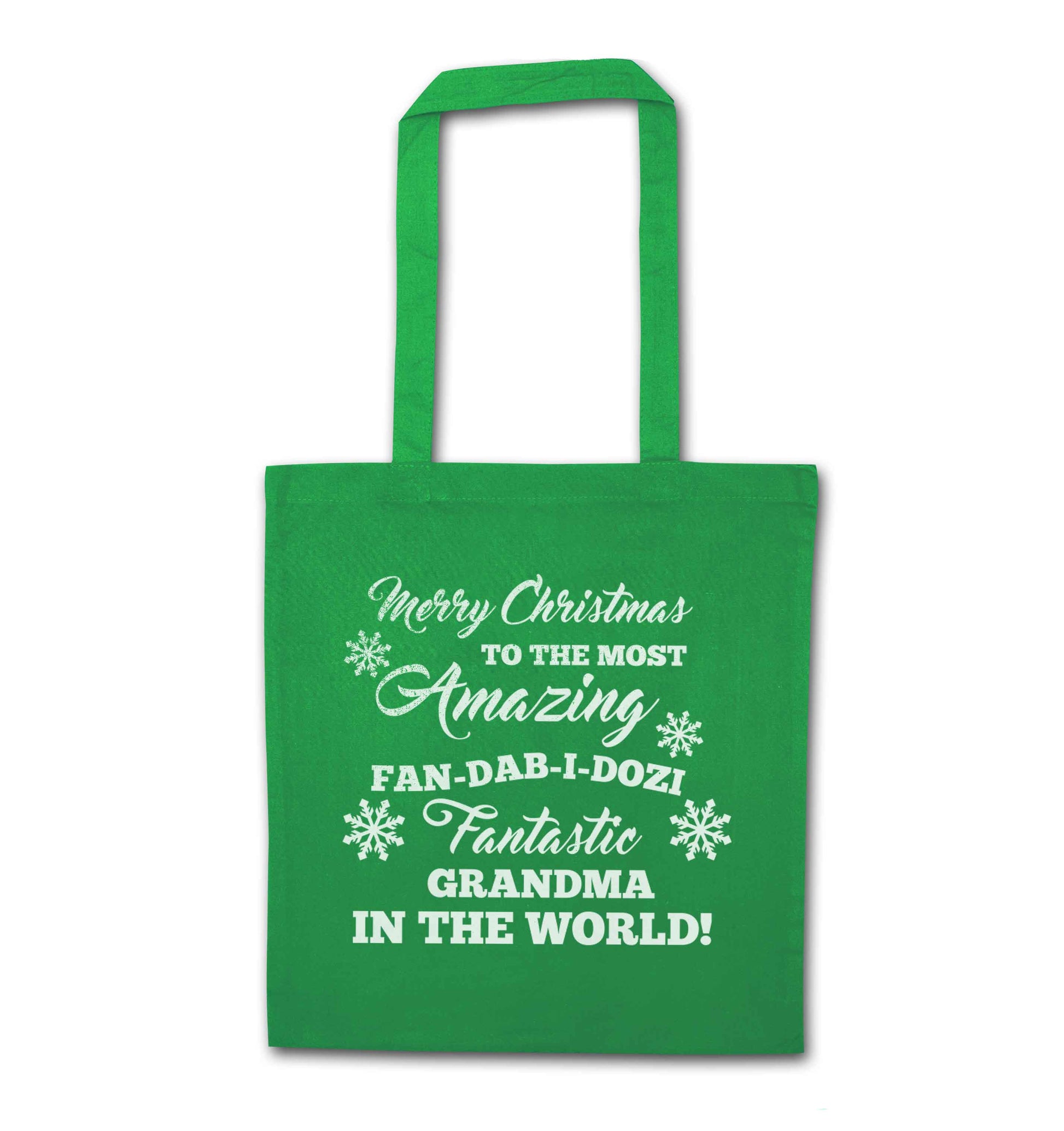 Merry Christmas to the most amazing fan-dab-i-dozi fantasic Grandma in the world green tote bag