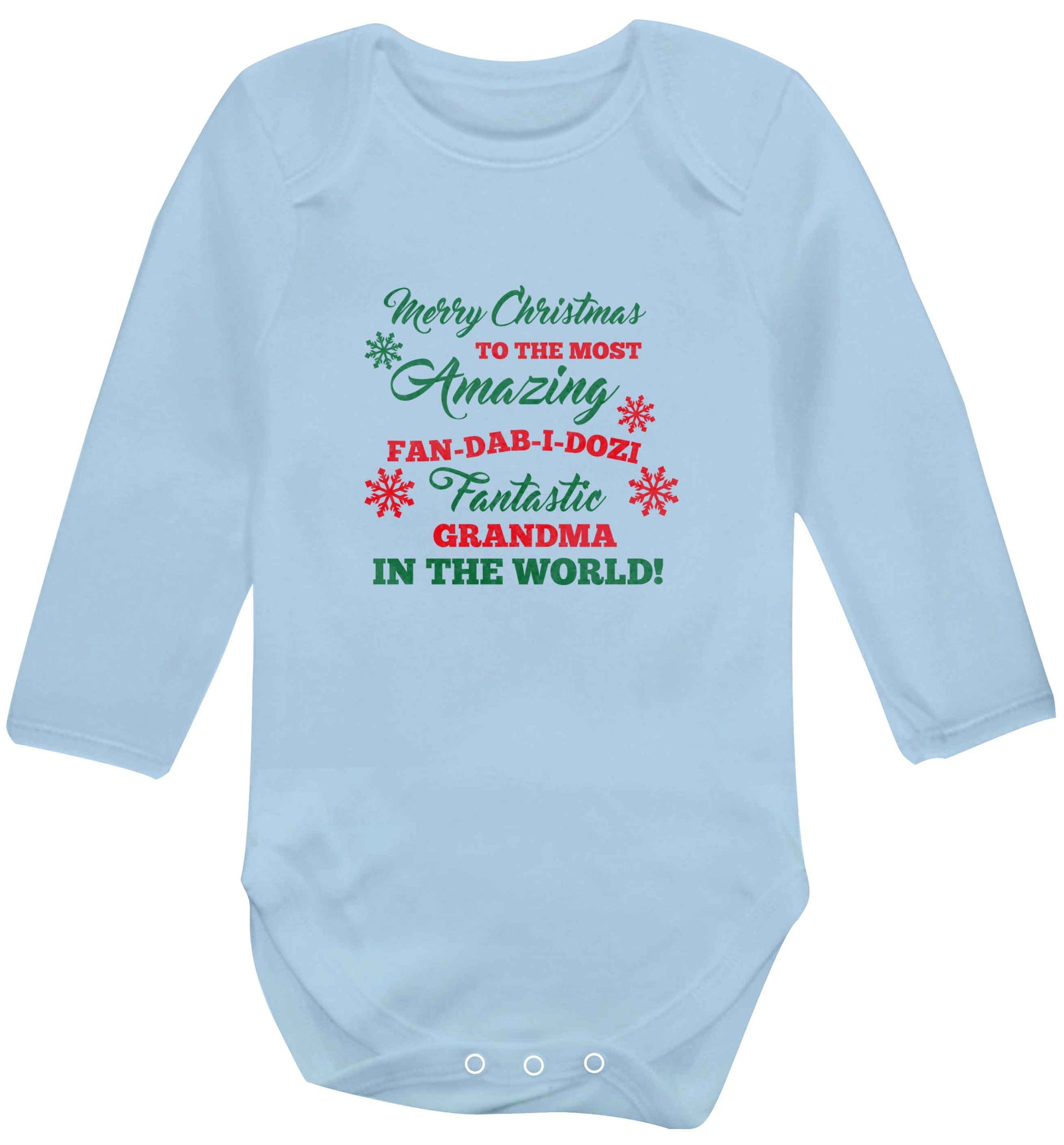 Merry Christmas to the most amazing fan-dab-i-dozi fantasic Grandma in the world baby vest long sleeved pale blue 6-12 months
