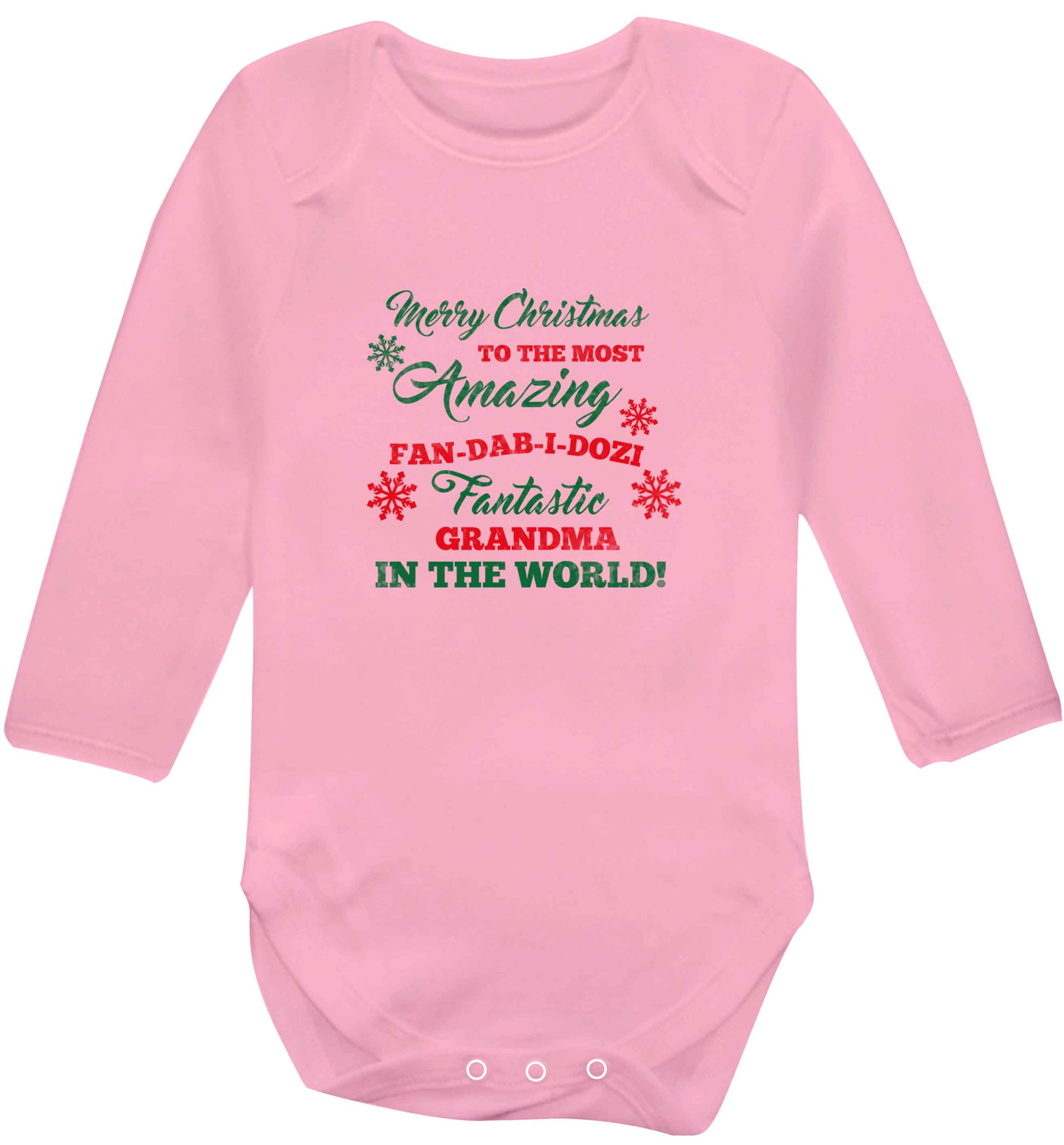 Merry Christmas to the most amazing fan-dab-i-dozi fantasic Grandma in the world baby vest long sleeved pale pink 6-12 months