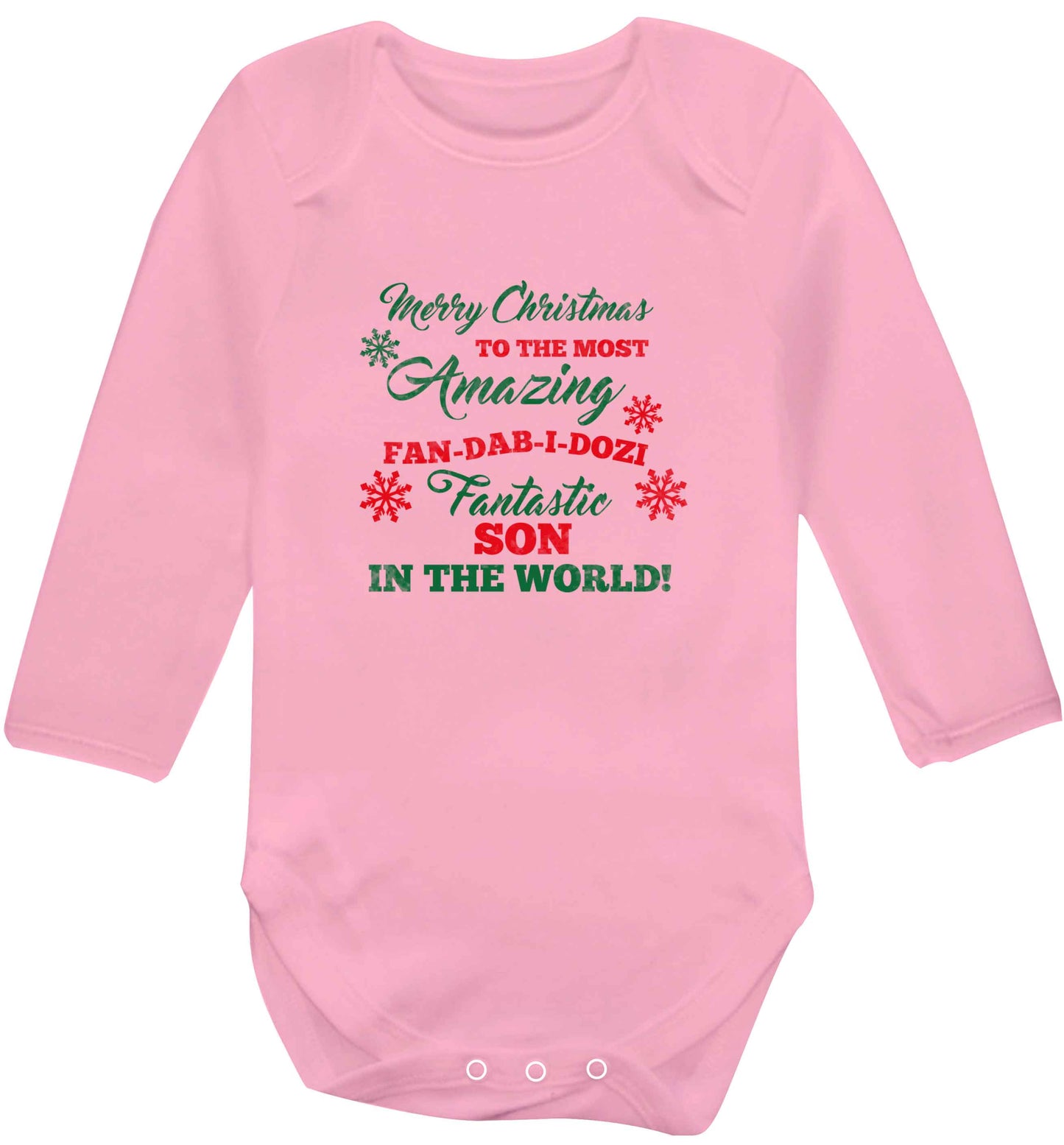 Merry Christmas to the most amazing fan-dab-i-dozi fantasic Son in the world baby vest long sleeved pale pink 6-12 months