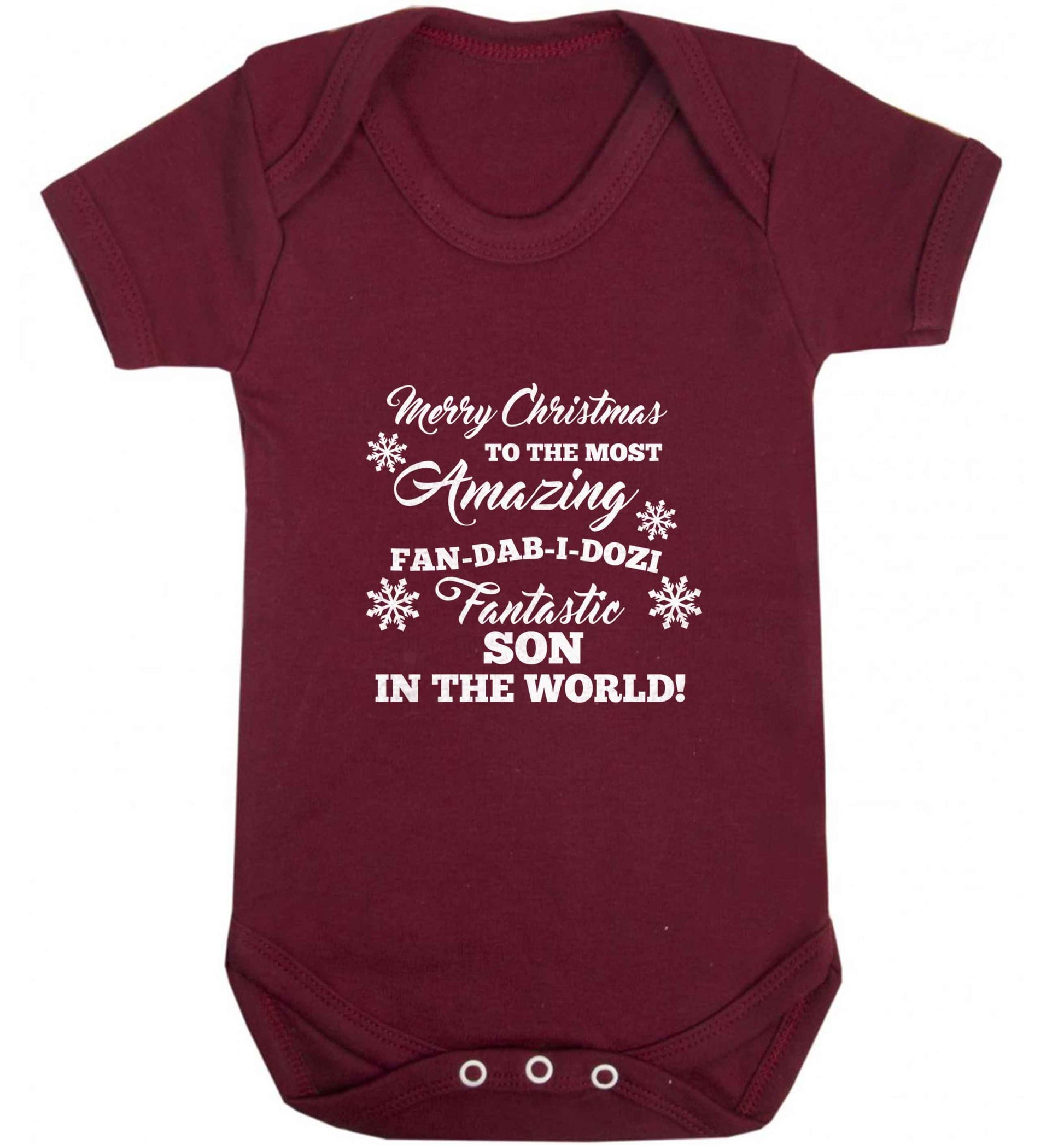 Merry Christmas to the most amazing fan-dab-i-dozi fantasic Son in the world baby vest maroon 18-24 months
