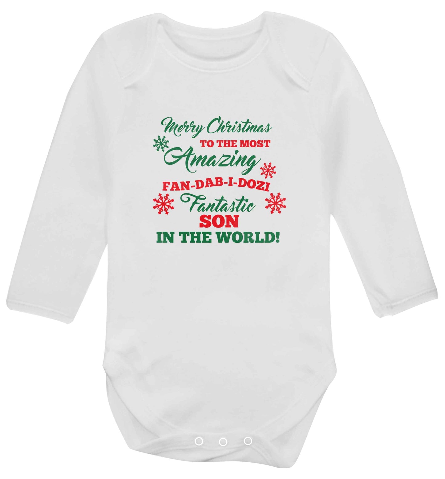 Merry Christmas to the most amazing fan-dab-i-dozi fantasic Son in the world baby vest long sleeved white 6-12 months