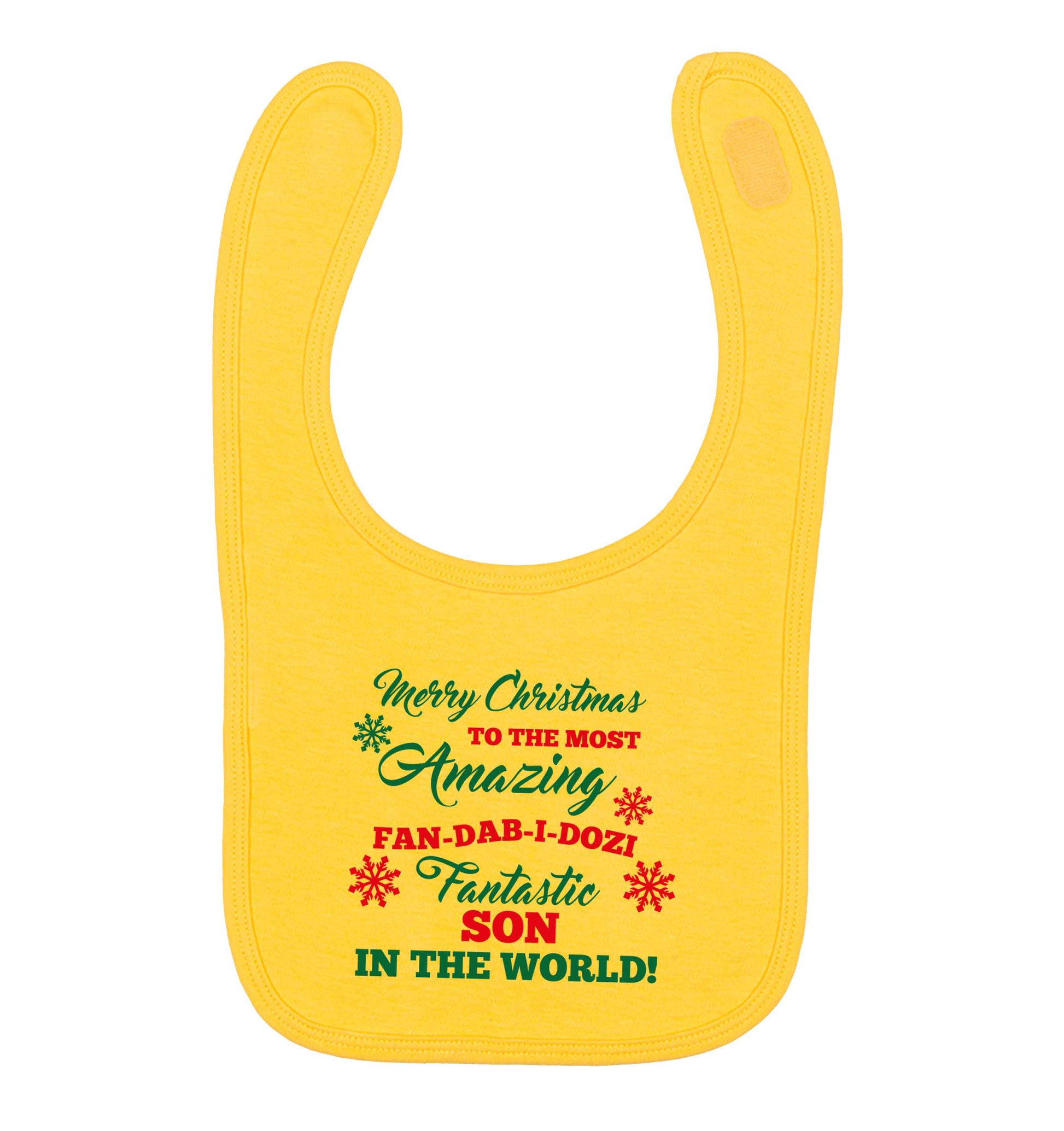 Merry Christmas to the most amazing fan-dab-i-dozi fantasic Son in the world yellow baby bib