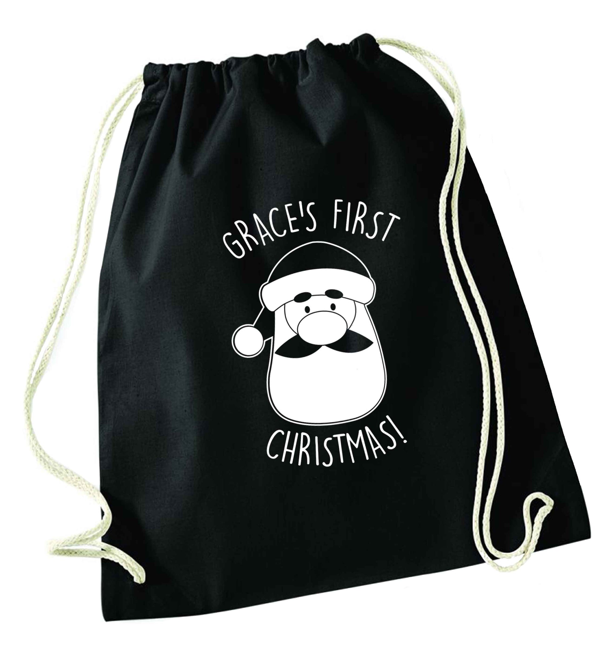 Personalised first Christmas - santa black drawstring bag