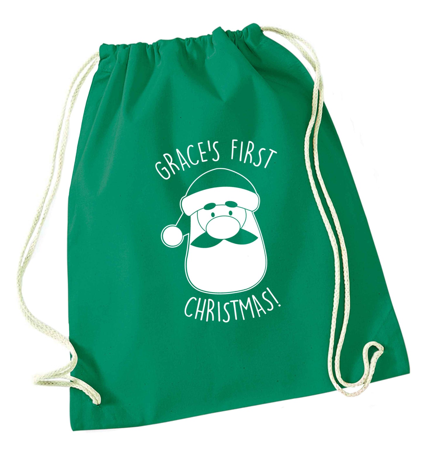 Personalised first Christmas - santa green drawstring bag