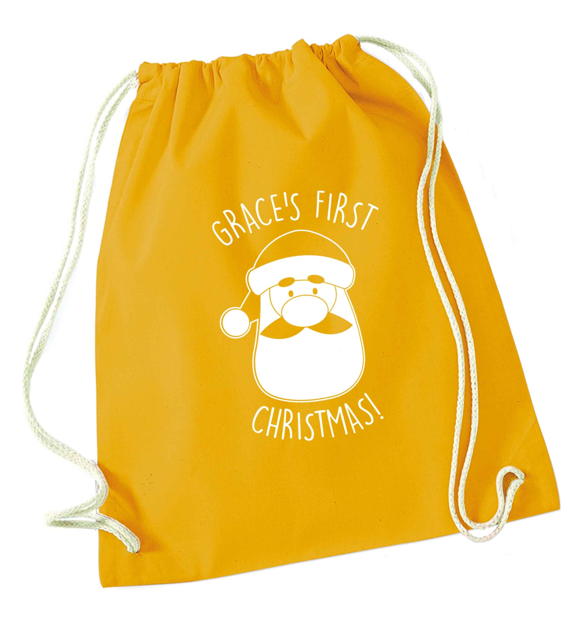 Personalised first Christmas - santa mustard drawstring bag