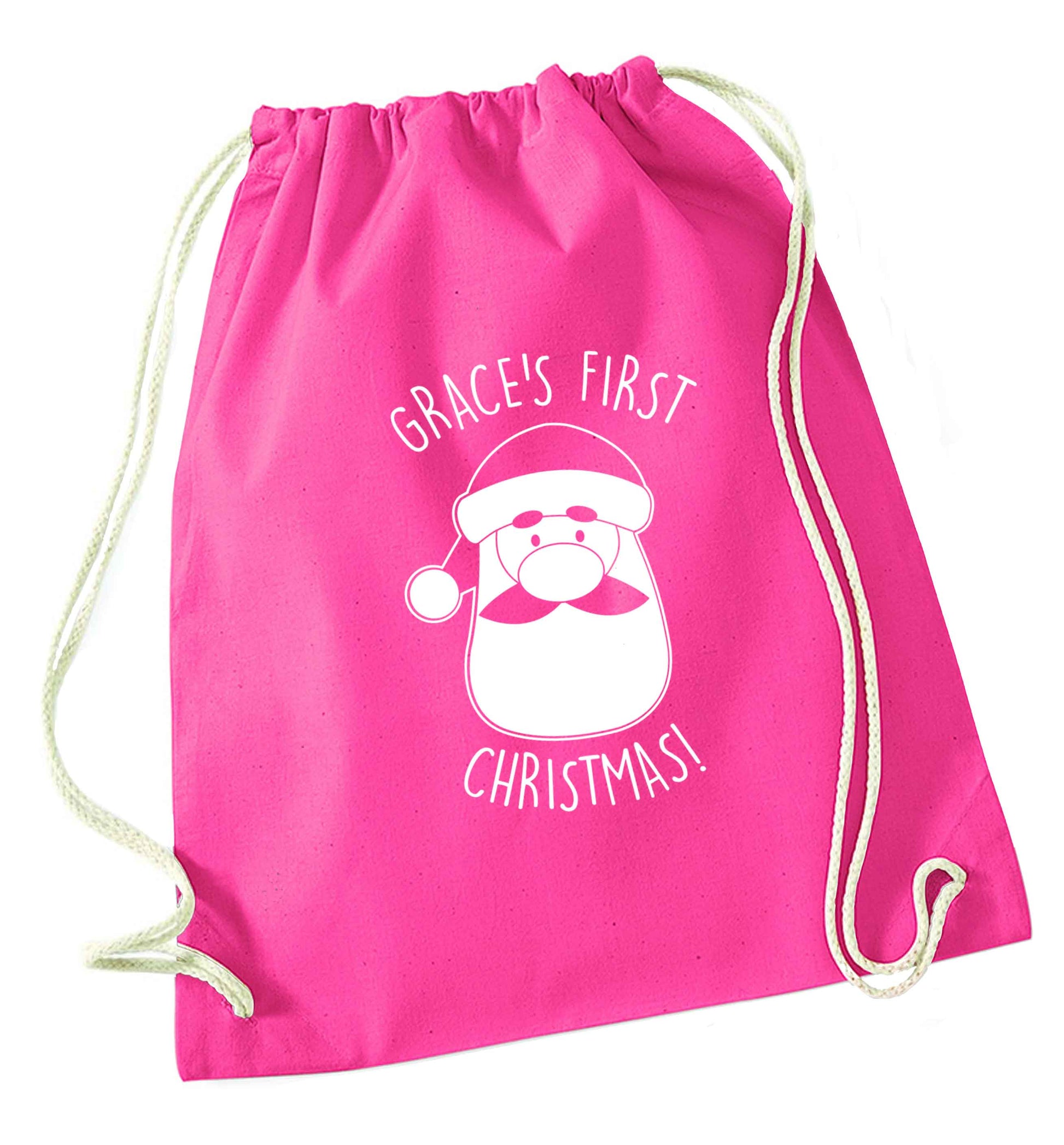 Personalised first Christmas - santa pink drawstring bag