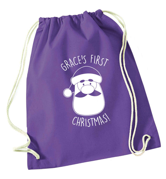 Personalised first Christmas - santa purple drawstring bag