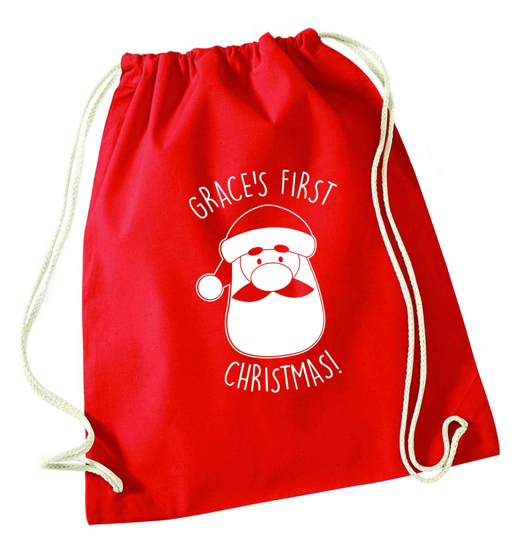 Personalised first Christmas - santa red drawstring bag 