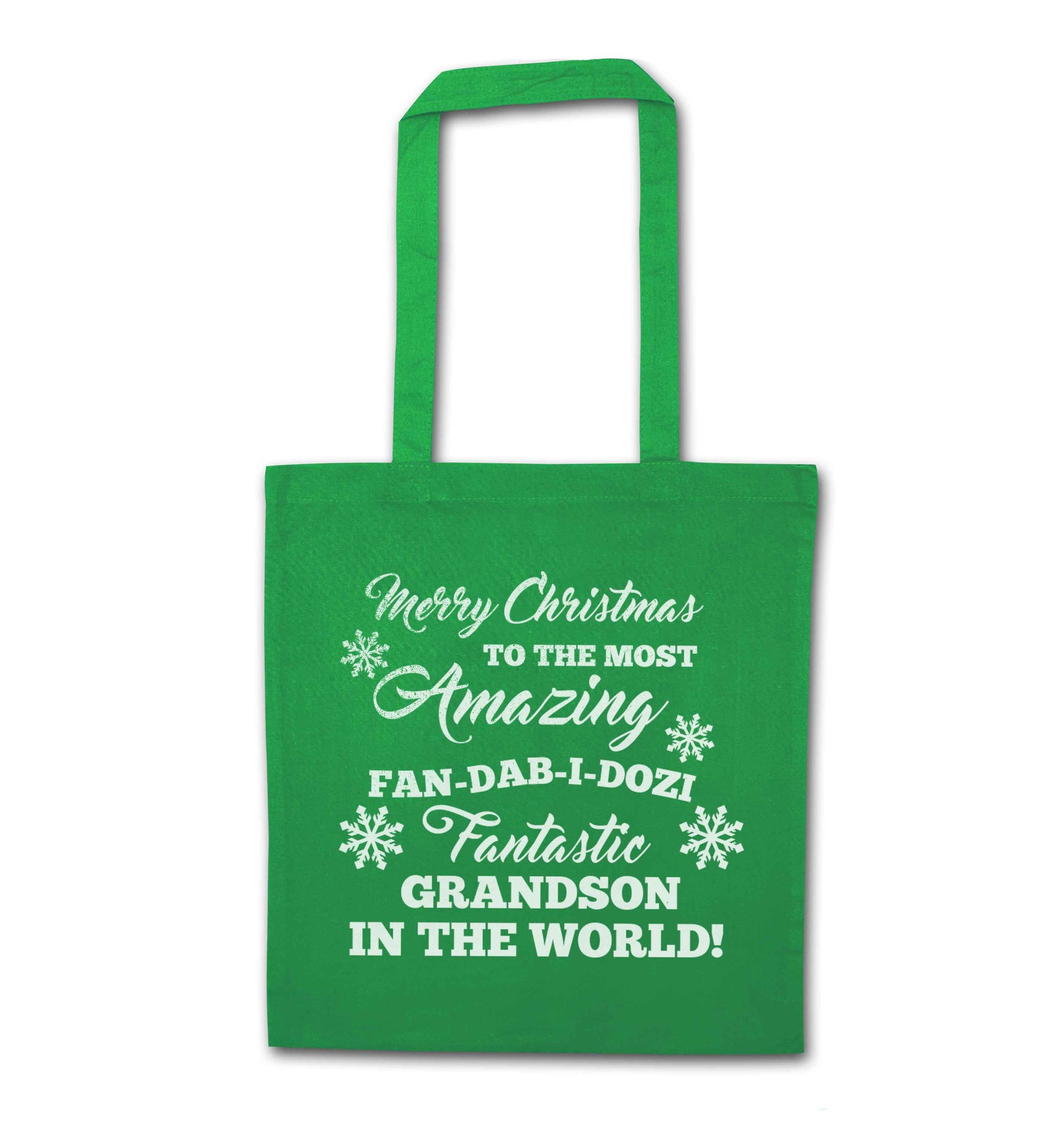 Merry Christmas to the most amazing fan-dab-i-dozi fantasic Grandson in the world green tote bag