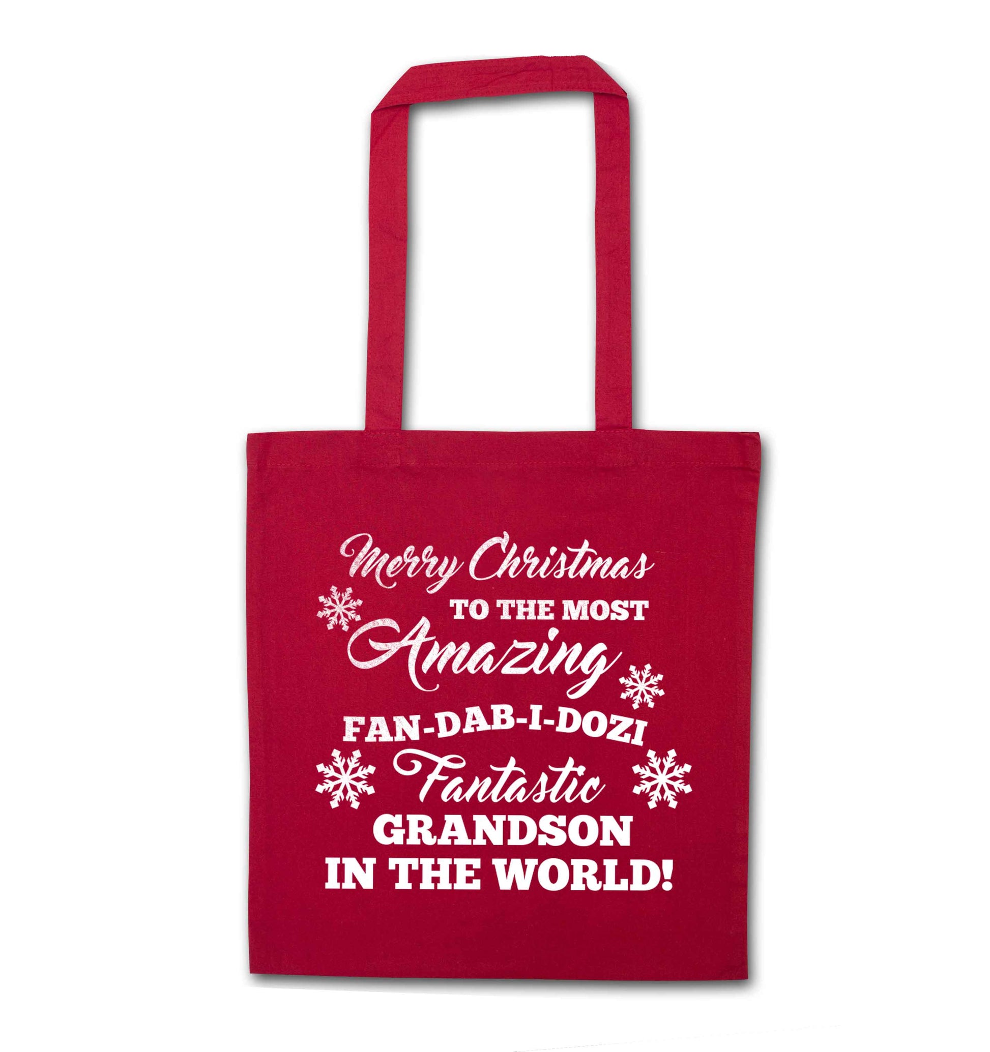 Merry Christmas to the most amazing fan-dab-i-dozi fantasic Grandson in the world red tote bag
