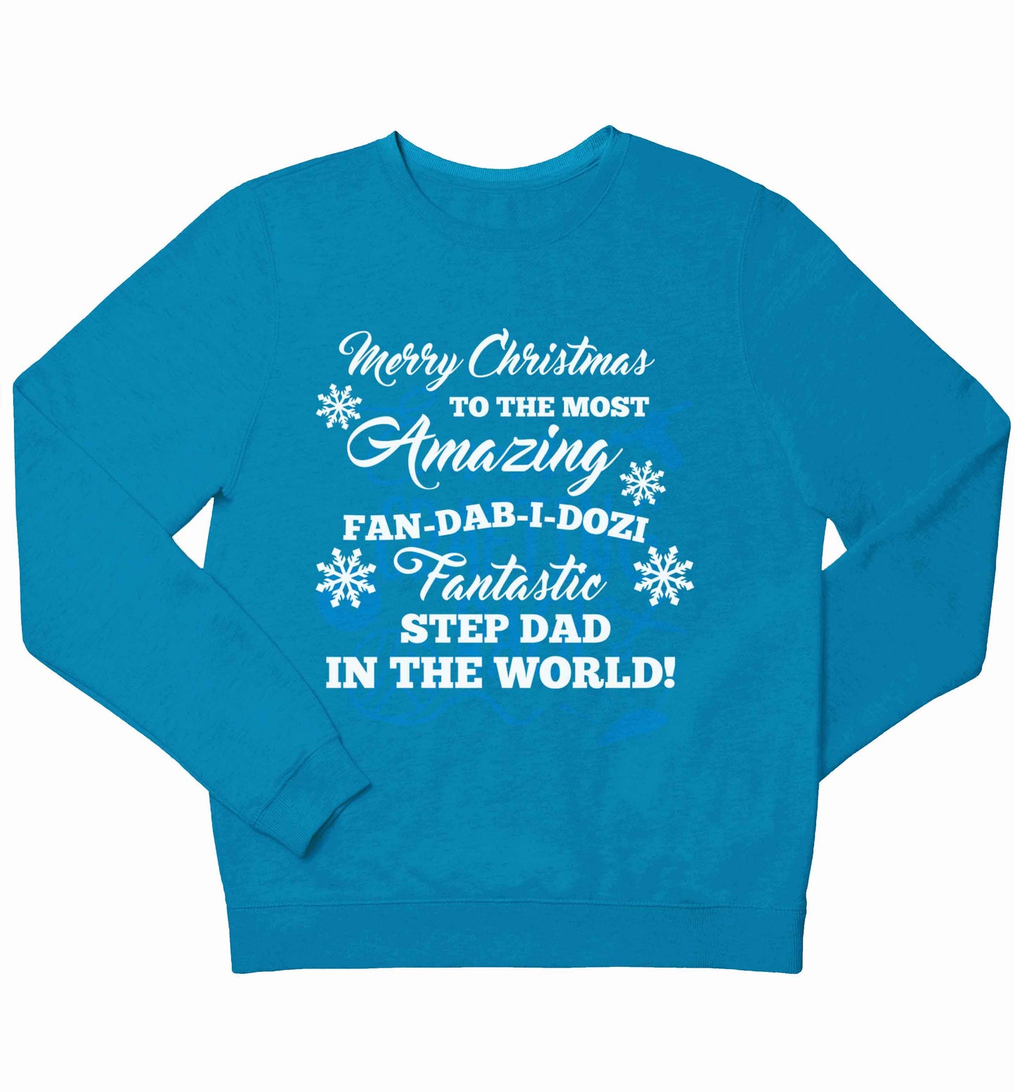 Merry Christmas to the most amazing fan-dab-i-dozi fantasic Step Dad in the world children's blue sweater 12-13 Years