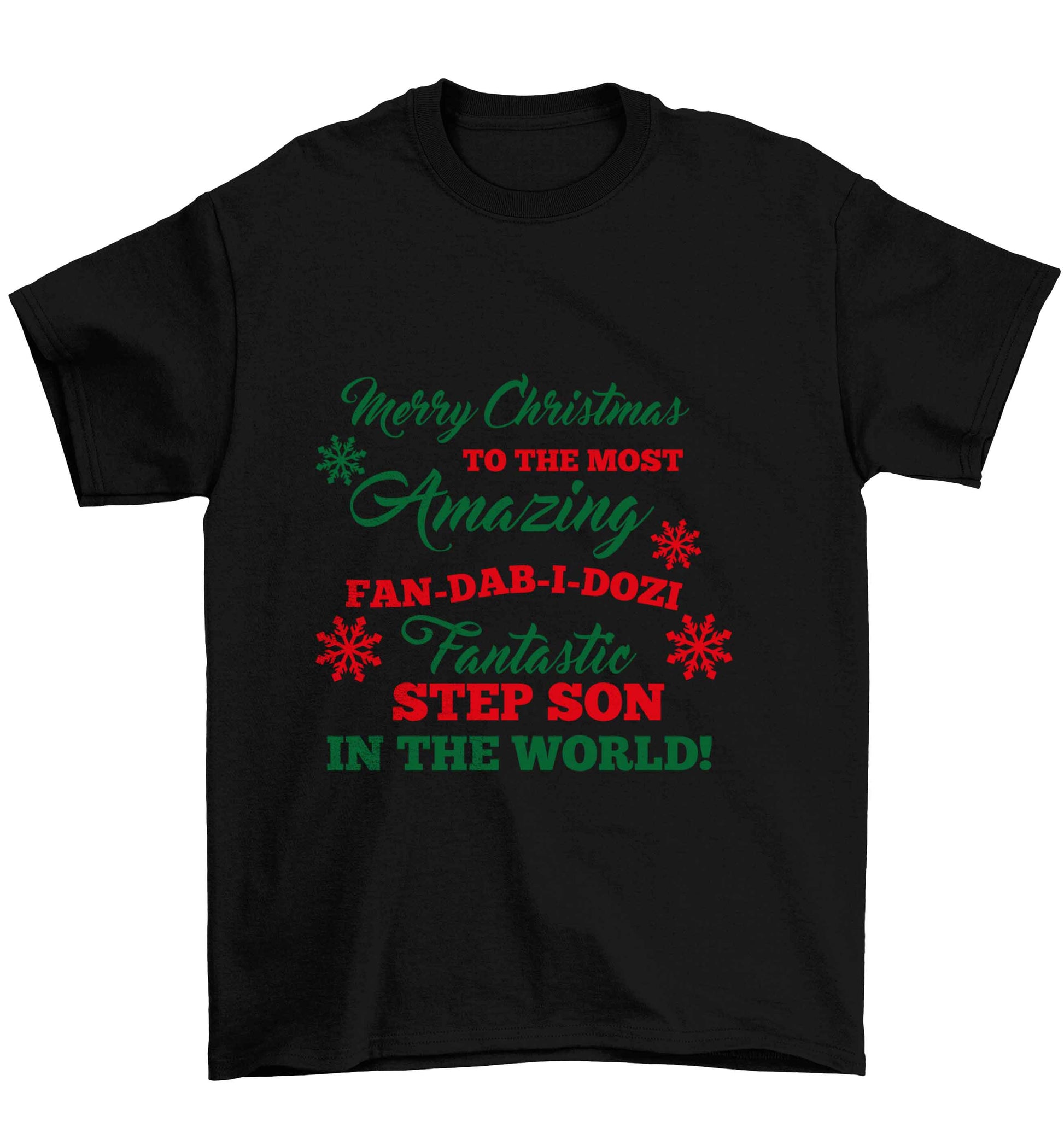 Merry Christmas to the most amazing fan-dab-i-dozi fantasic Step Son in the world Children's black Tshirt 12-13 Years