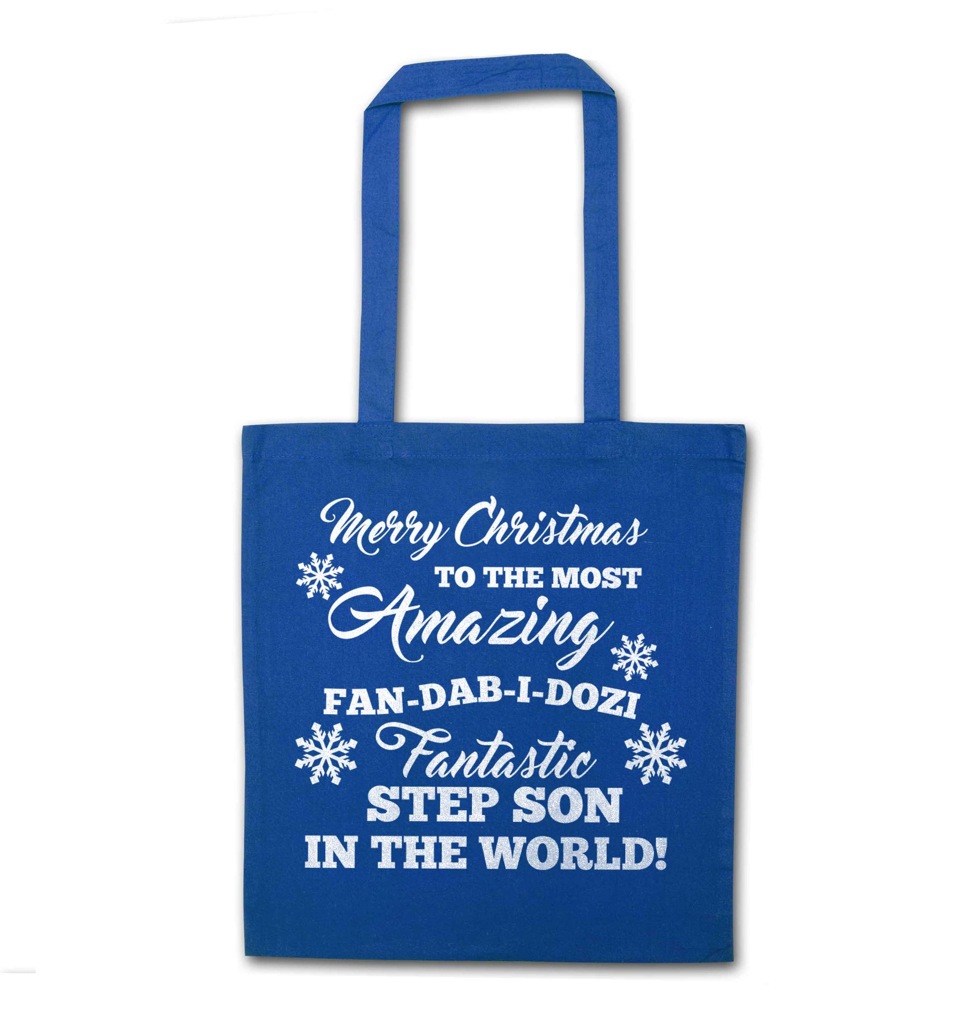 Merry Christmas to the most amazing fan-dab-i-dozi fantasic Step Son in the world blue tote bag