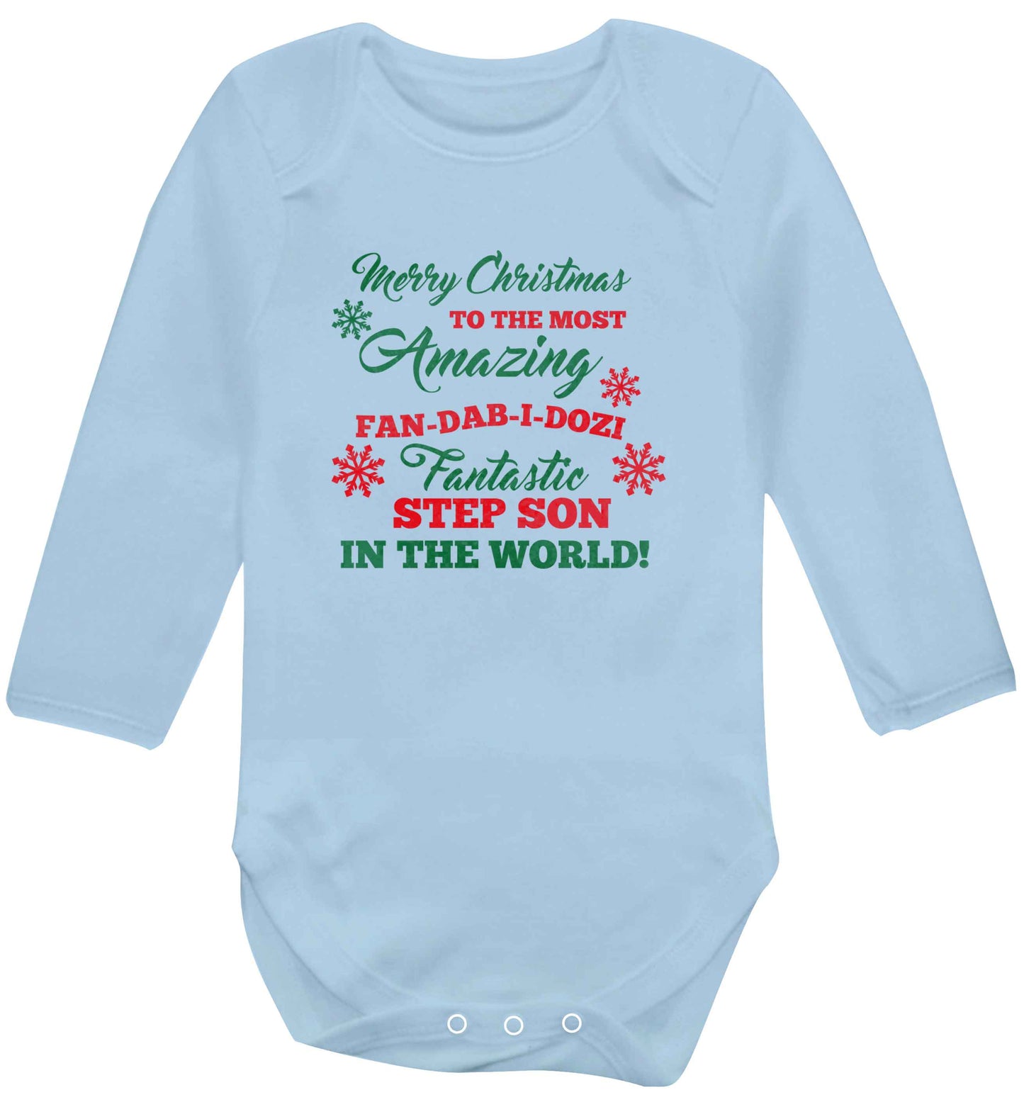 Merry Christmas to the most amazing fan-dab-i-dozi fantasic Step Son in the world baby vest long sleeved pale blue 6-12 months