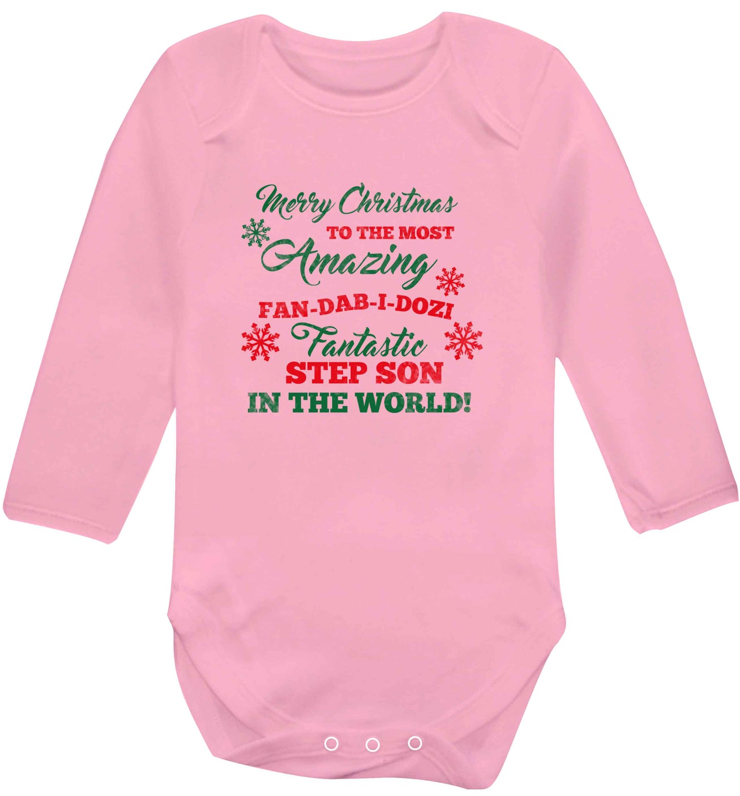 Merry Christmas to the most amazing fan-dab-i-dozi fantasic Step Son in the world baby vest long sleeved pale pink 6-12 months