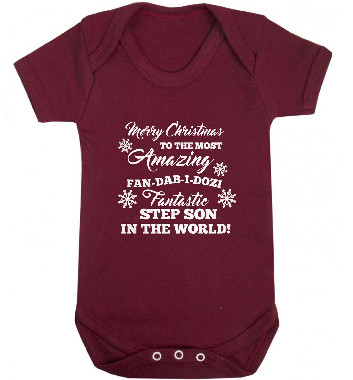 Merry Christmas to the most amazing fan-dab-i-dozi fantasic Step Son in the world baby vest maroon 18-24 months
