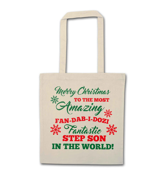 Merry Christmas to the most amazing fan-dab-i-dozi fantasic Step Son in the world natural tote bag