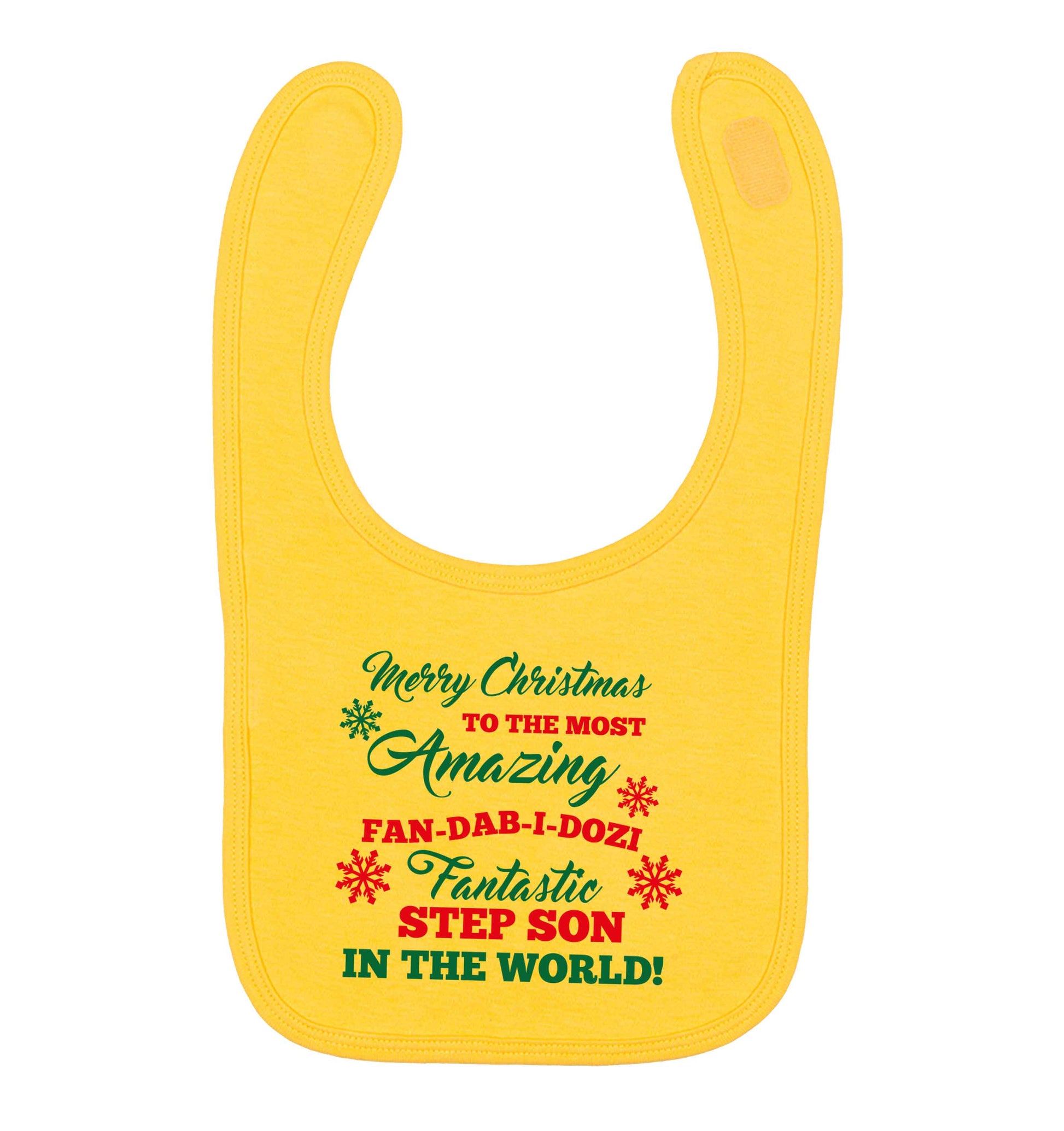 Merry Christmas to the most amazing fan-dab-i-dozi fantasic Step Son in the world yellow baby bib
