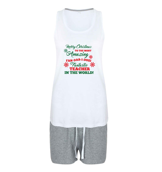 Merry Christmas to the most amazing fan-dab-i-dozi fantasic teacher in the world size XL women's pyjama shorts set in pink 