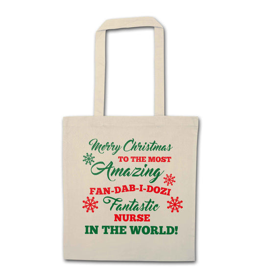 Merry Christmas to the most amazing nurse in the world! natural tote bag