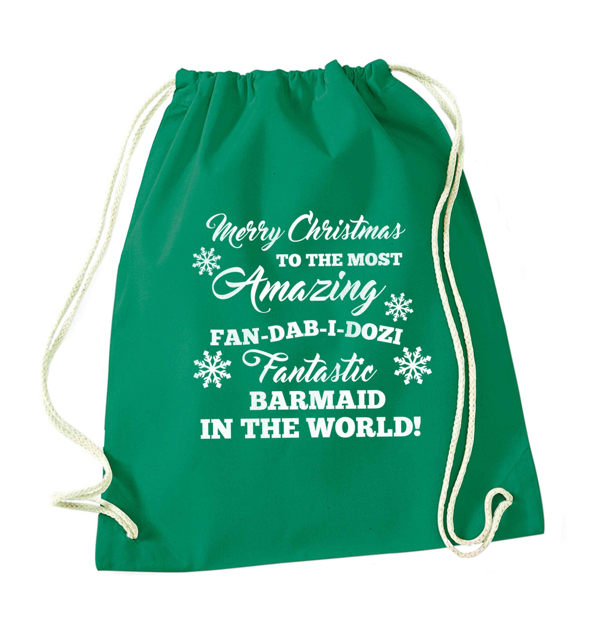 Merry Christmas to the most amazing barmaid in the world! green drawstring bag