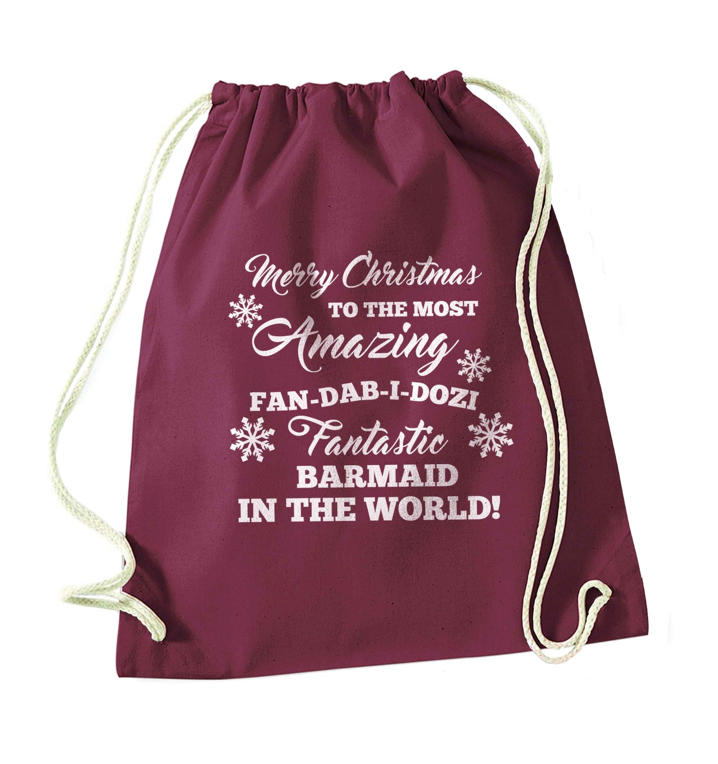 Merry Christmas to the most amazing barmaid in the world! maroon drawstring bag