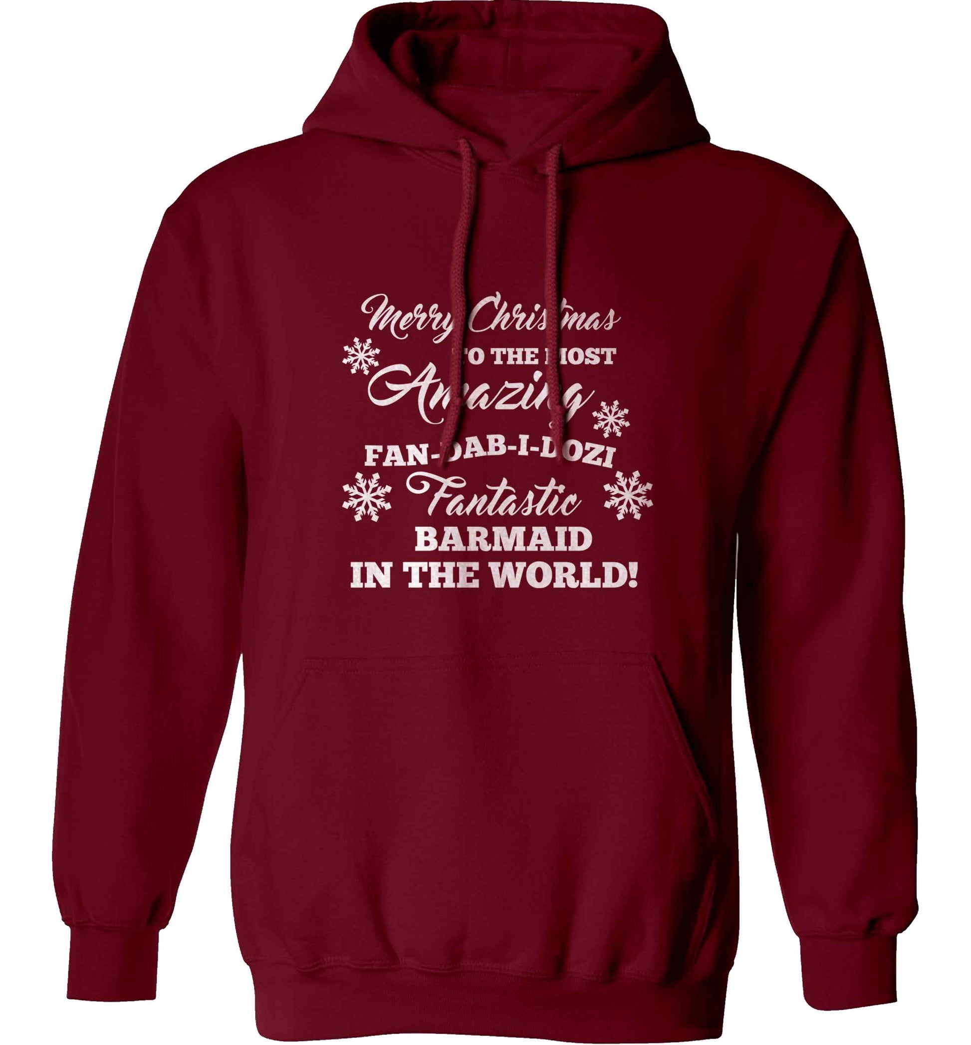 Merry Christmas to the most amazing barmaid in the world! adults unisex maroon hoodie 2XL