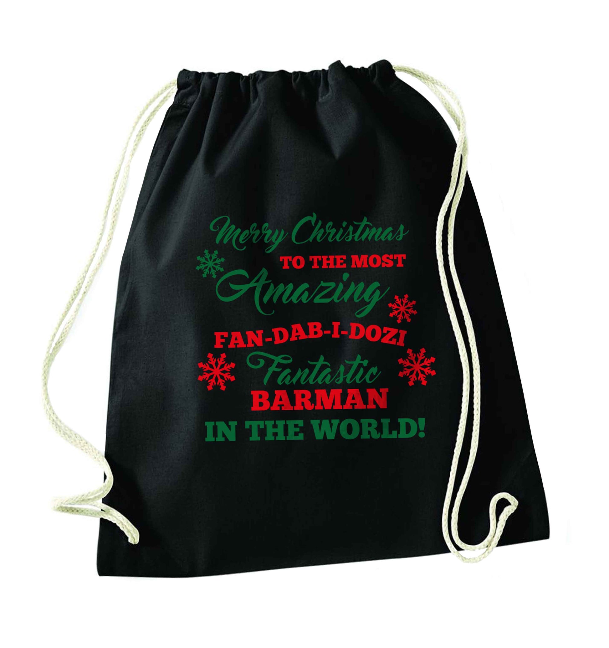 Merry Christmas to the most amazing barman in the world! black drawstring bag