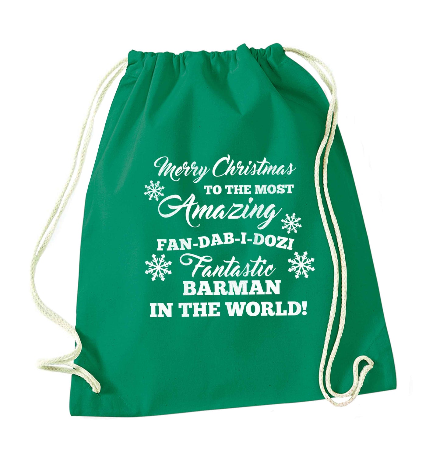 Merry Christmas to the most amazing barman in the world! green drawstring bag