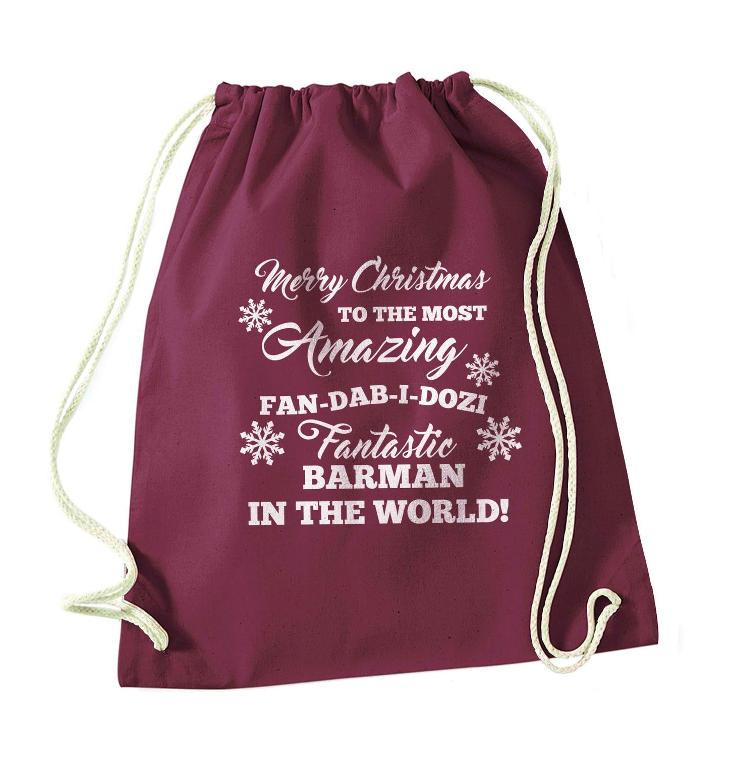Merry Christmas to the most amazing barman in the world! maroon drawstring bag