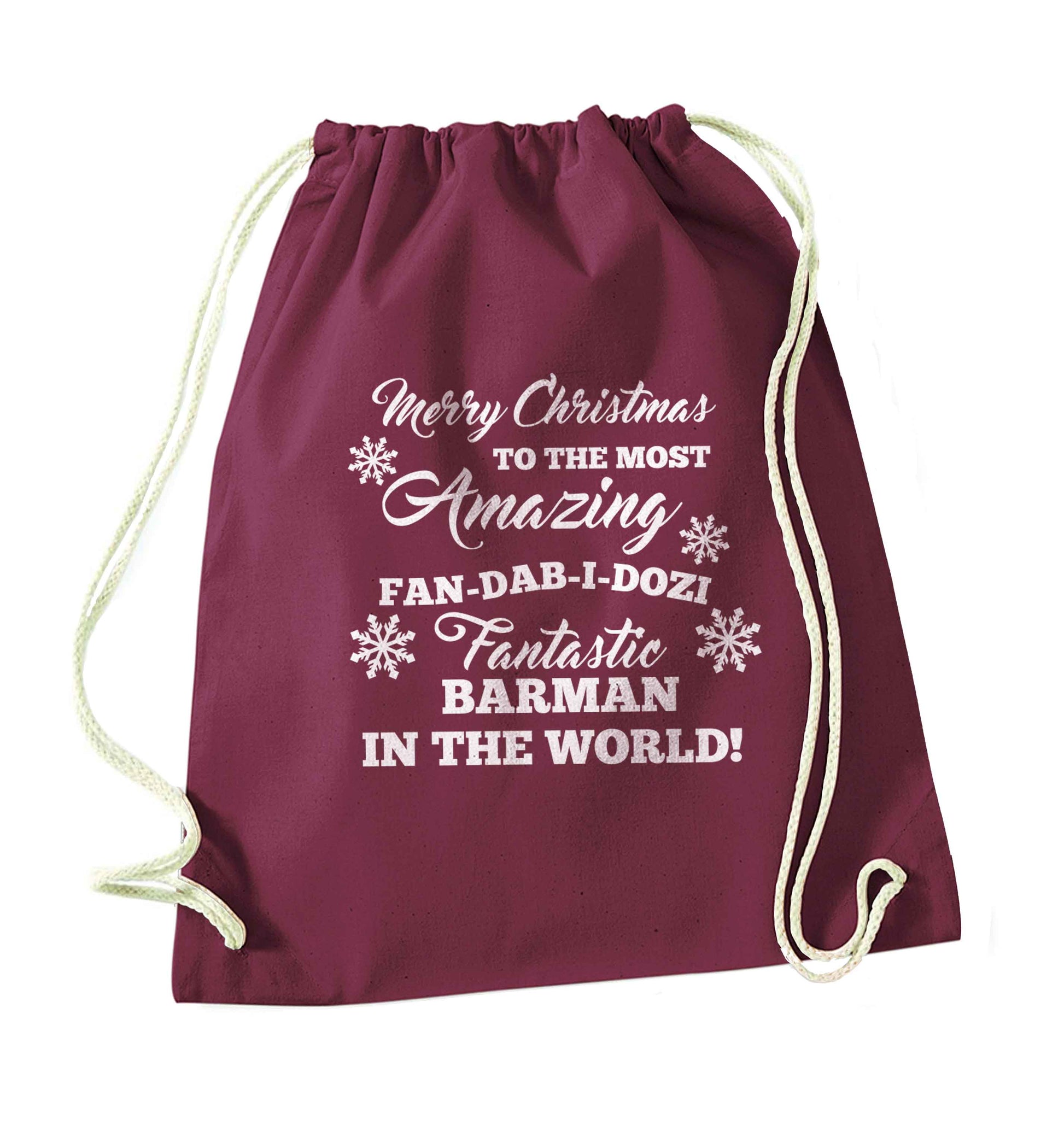 Merry Christmas to the most amazing barman in the world! maroon drawstring bag