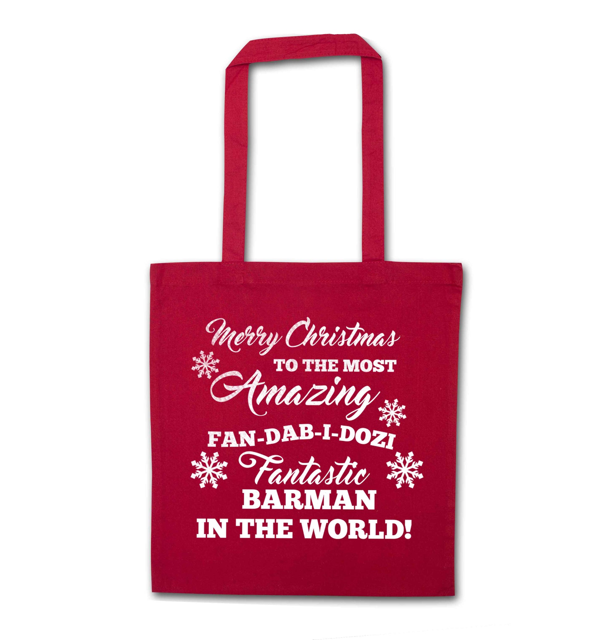 Merry Christmas to the most amazing barman in the world! red tote bag