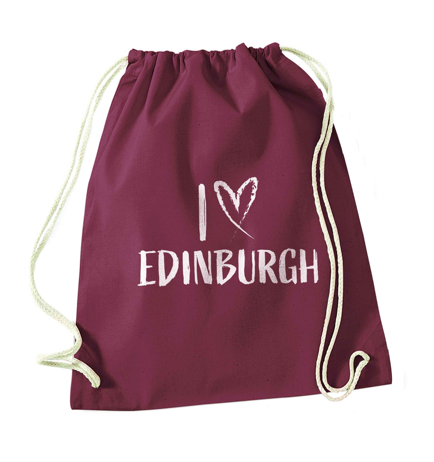 I love Edinburgh maroon drawstring bag