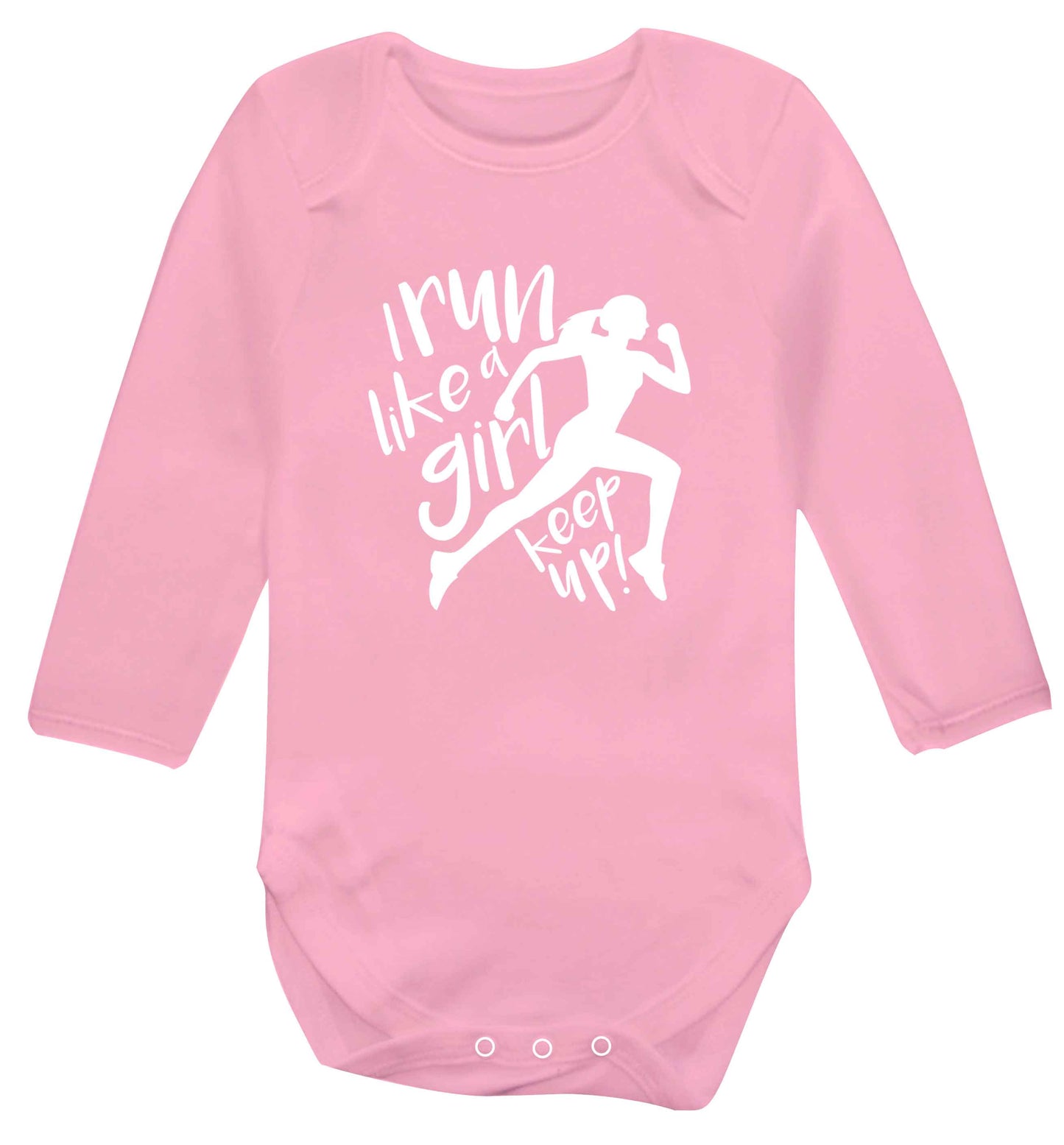I run like a girl, keep up! baby vest long sleeved pale pink 6-12 months