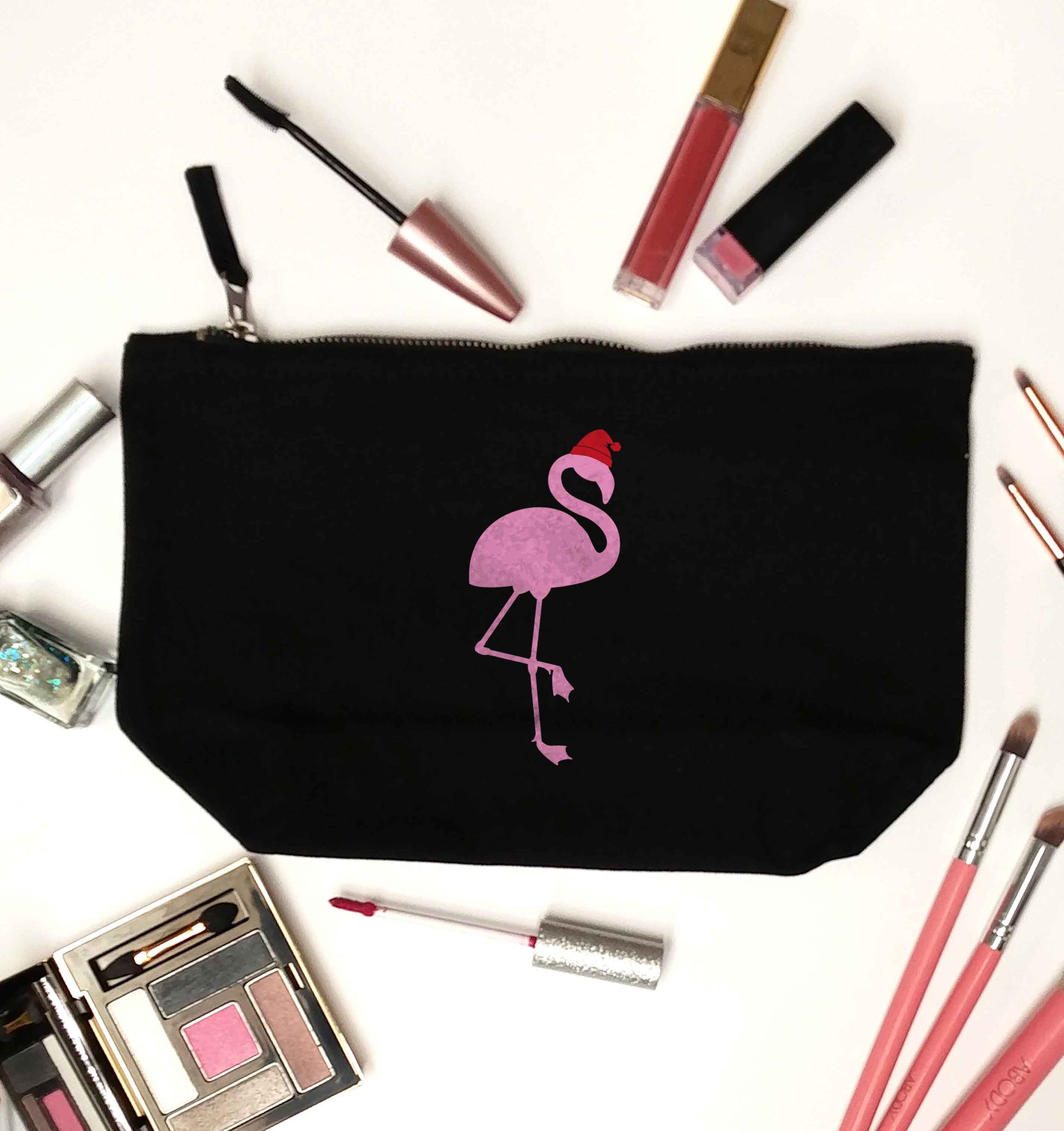 Pink flamingo santa black makeup bag