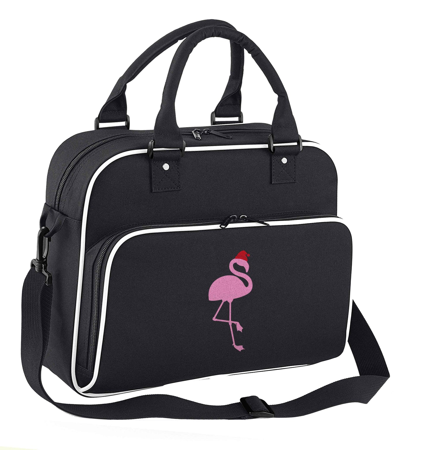 Pink flamingo santa children's dance bag black with white detail