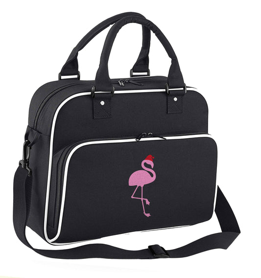 Pink flamingo santa children's dance bag black with white detail