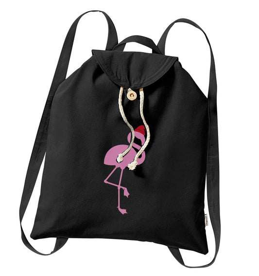 Pink flamingo santa organic cotton backpack tote with wooden buttons in black
