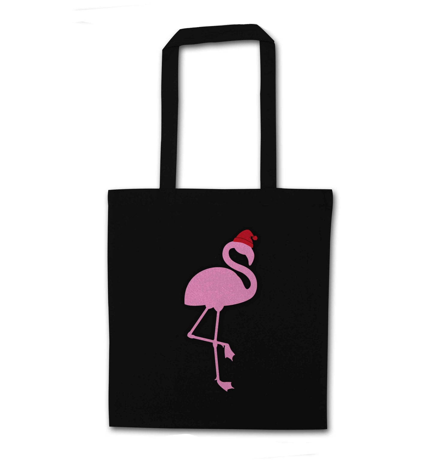 Pink flamingo santa black tote bag