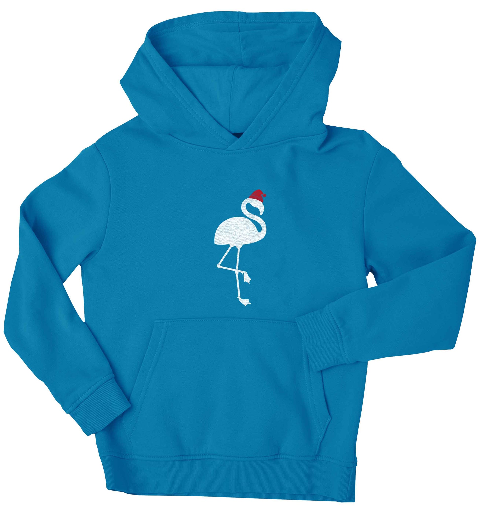 Pink flamingo santa children's blue hoodie 12-13 Years