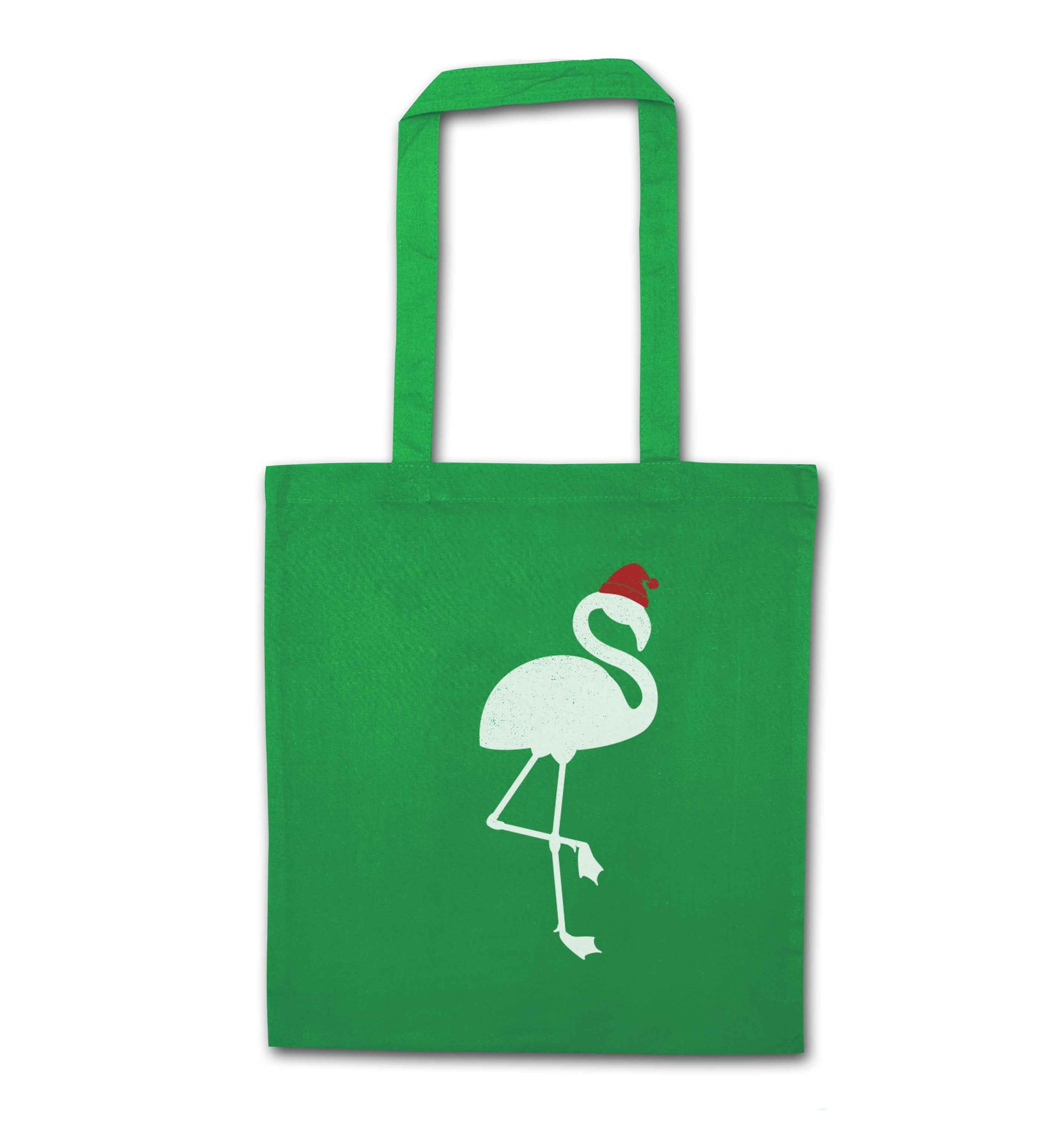 Pink flamingo santa green tote bag