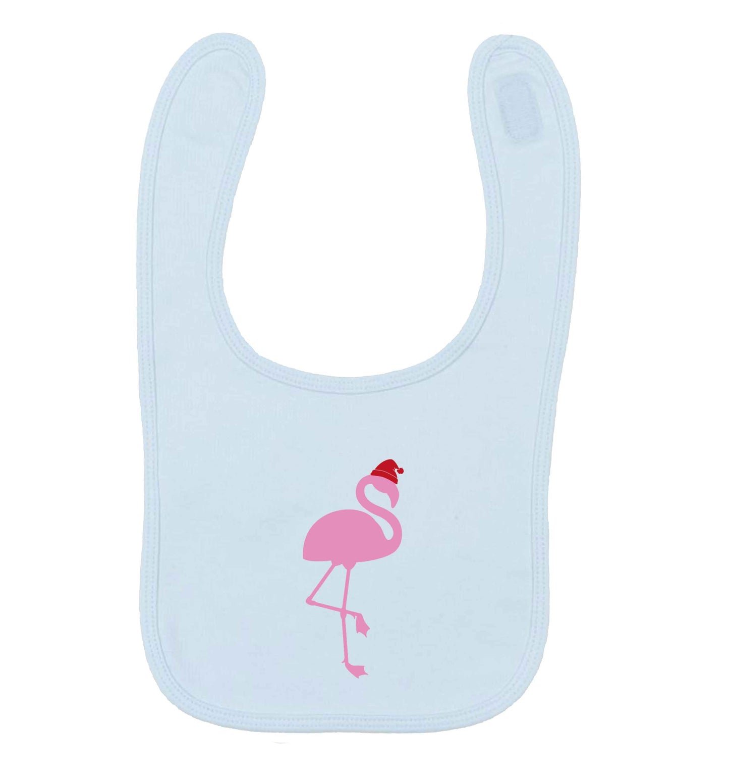Pink flamingo santa pale blue baby bib